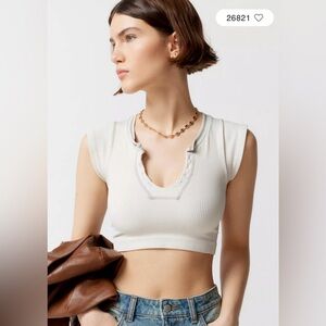 Urban Outfitters Cream Ribbed Snap-Front Crop Top